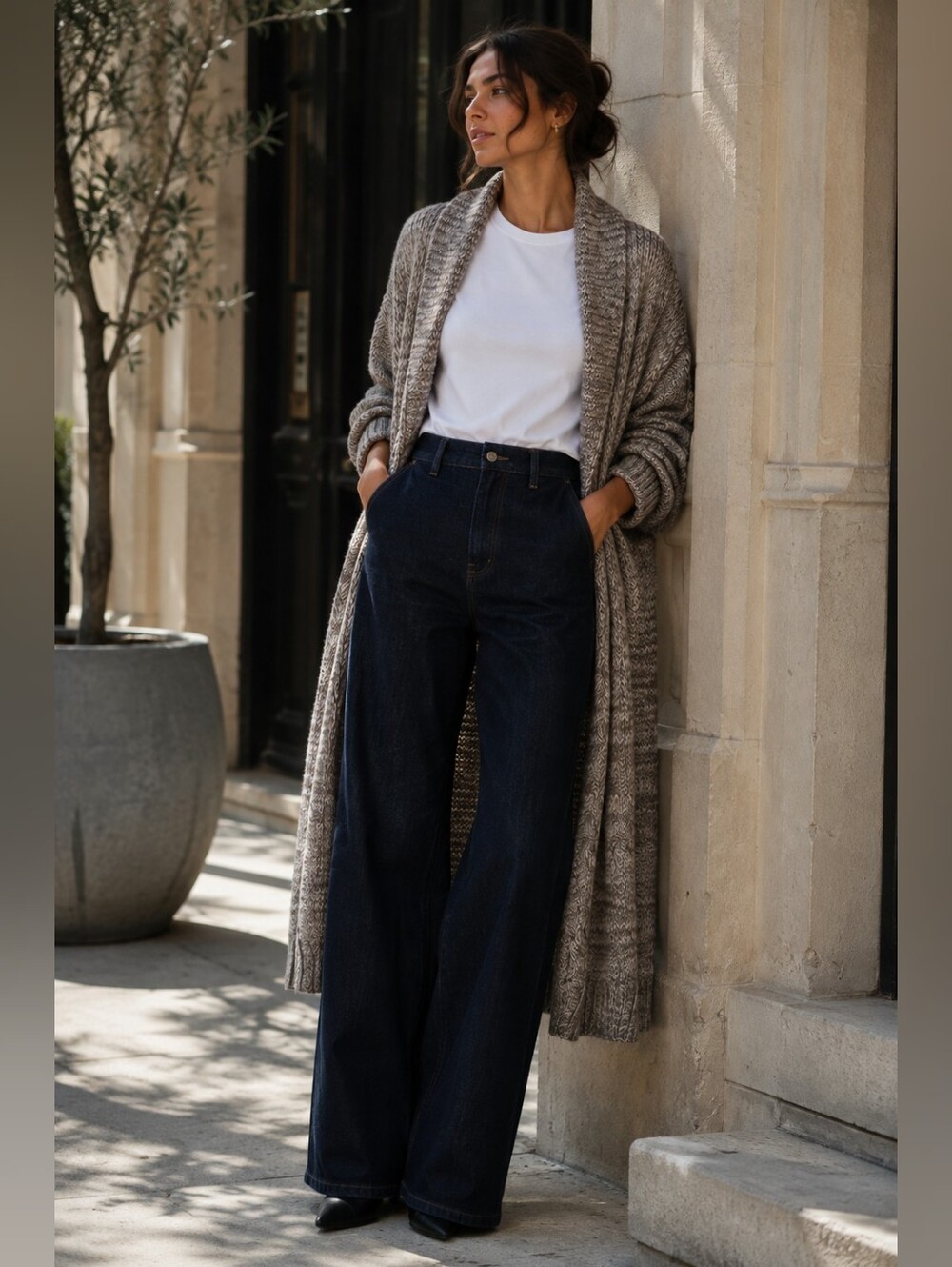 Mohair Wool Blend Belted Long Taupy- Beige Cable Knit Cardigan L-XL